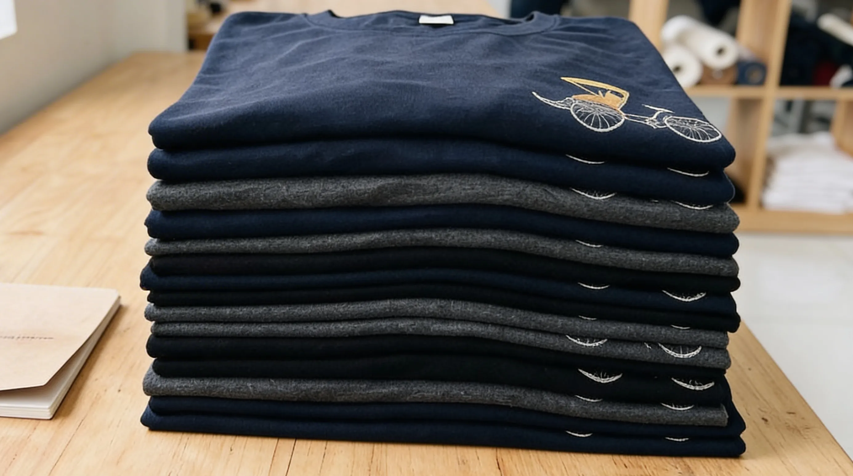 Finished custom t-shirt laid flat on wooden desk, close-up showing print quality, no text on shirt