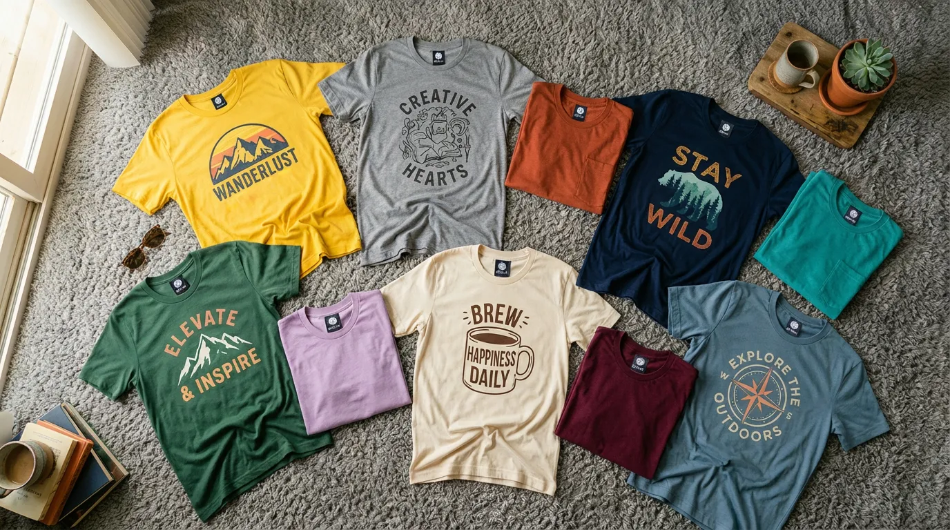 Many colorful custom-printed t-shirts laid casually on a gray fuzzy carpet, overhead view, variety of colors