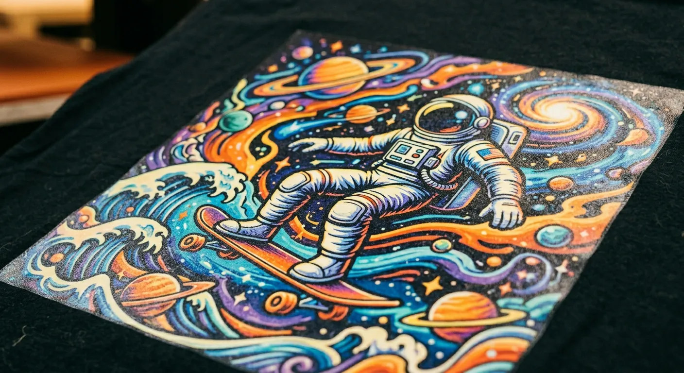 Close-up of small red heat press machine pressing a colorful DTF transfer onto a dark t-shirt, white tile floor visible, compact workshop