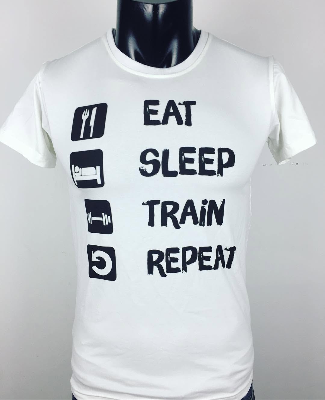 Eat sleep train repeat #workout #inaotheoyeucau #aothuntuthietke #customtshirt