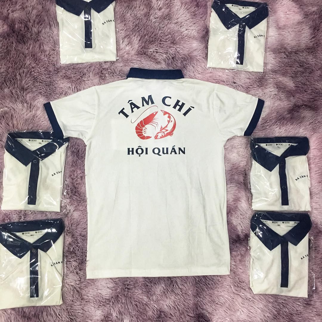 Polo trắng phối viền xanh #dongphuc #uniform #customtshirt
